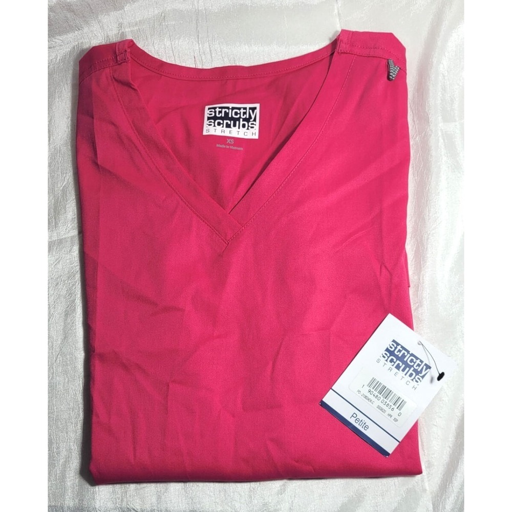 Strictly Scrubs 4-Way Stretch V-Neck Top w/ Pockets - Hot Pink - Size XS Petite